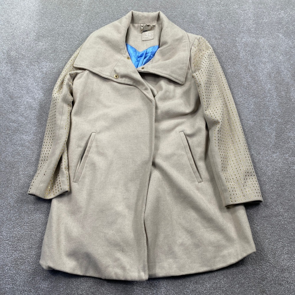 L2 Studded Sleeve Coat Women Size Large Tan Good Gold Stud Accents Glam